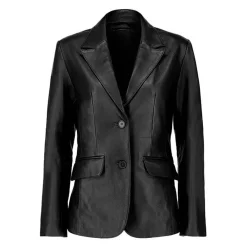 Women’s Designer Black Real Leather Blazer Front View