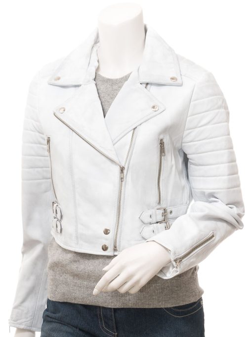 Women Cropped White Leather Jacket Front View