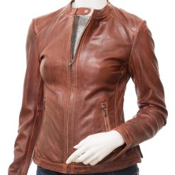 Women’s Brown Waxed Leather Jacket Front View