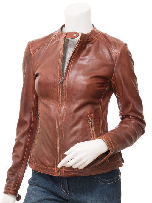 Women’s Brown Waxed Leather Jacket Front View