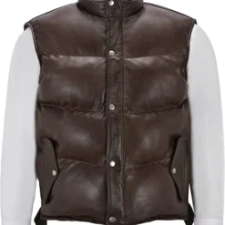 Chocolate Brown Puffer Leather Vest Sheepskin Leather Waistcoat with Shearling Collar