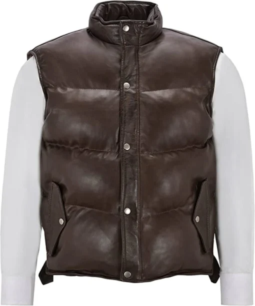 Chocolate Brown Puffer Leather Vest Sheepskin Leather Waistcoat with Shearling Collar