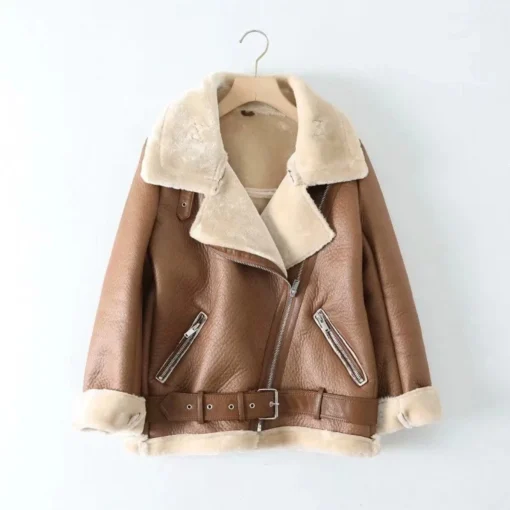 Winter Sheepskin Leather Coat for Women with Fur Lining and Belt Decoration