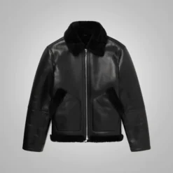 Men's Shearling Lined Leather Black Trucker Jacket with Removable Fur Collar