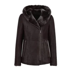 Women's Hooded Fur Shearling Long Leather Jacket with Faux Fur Collar